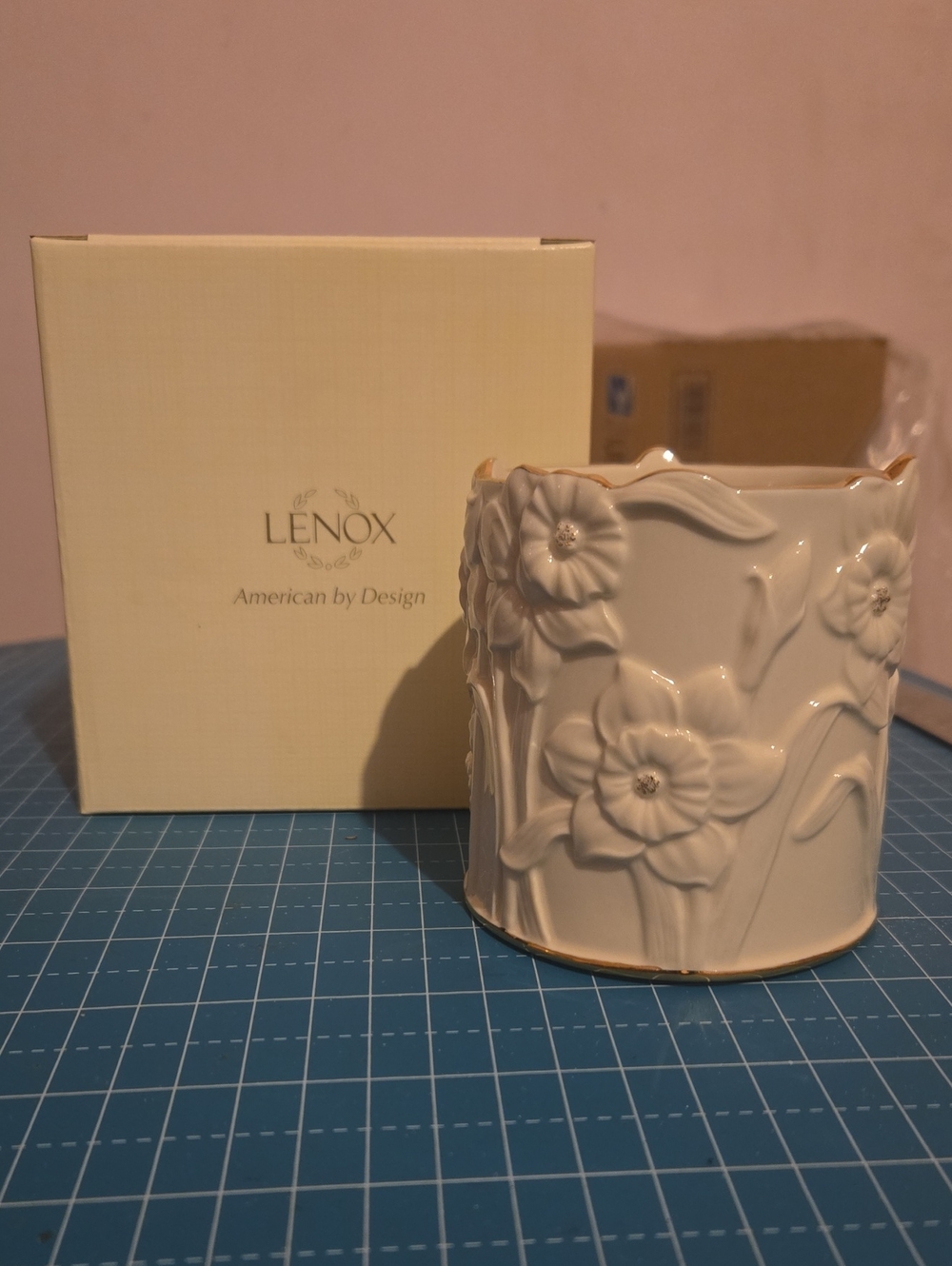 Lenox Porcelain Floral Accent Votive Candle Holder with Gold Rim
